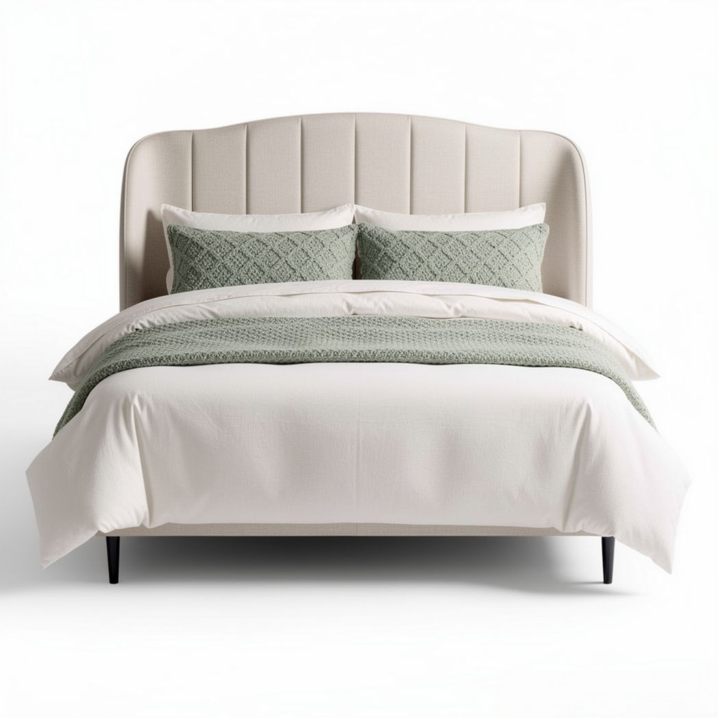Cama de casal com cabeceira estofada em tecido bege e roupa de cama verde 210 x 180 x 100cm