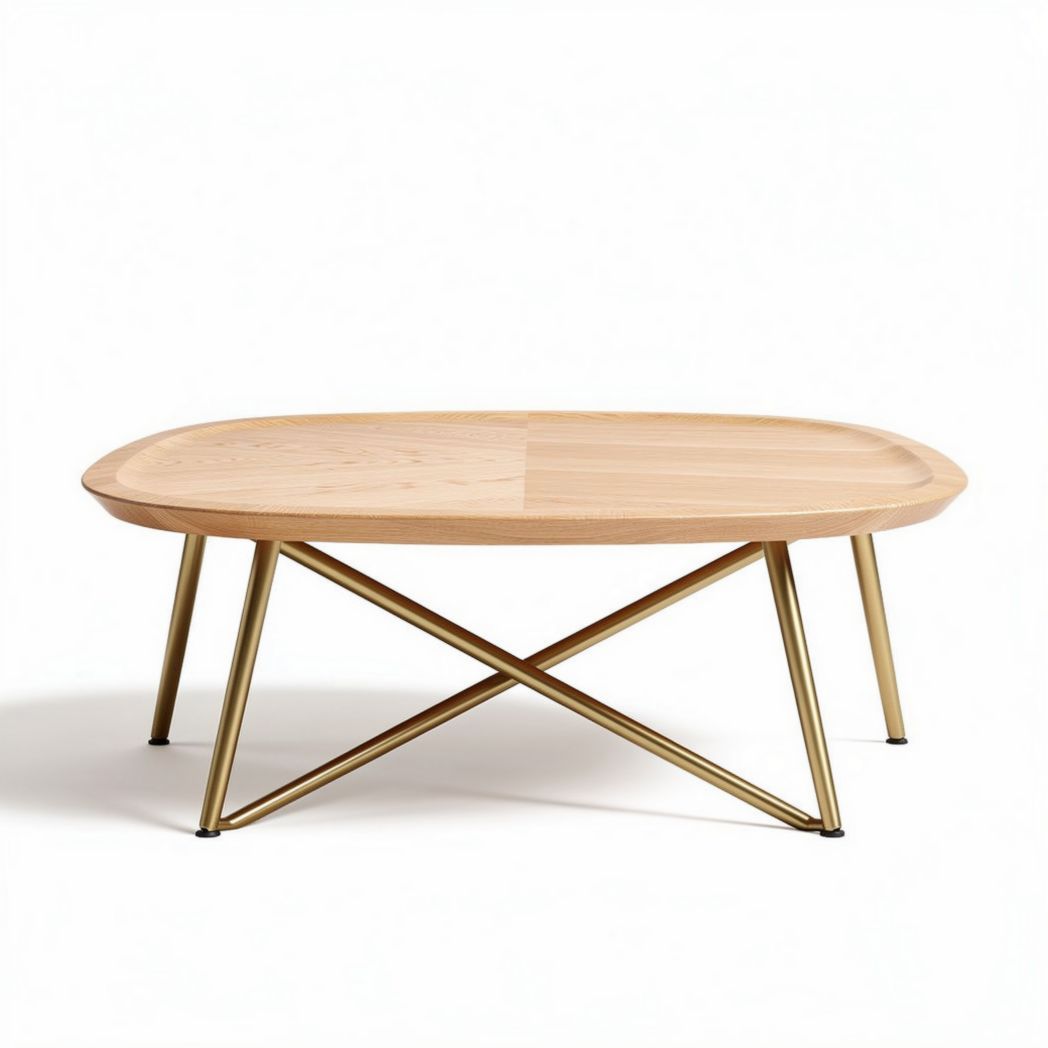 Mesa de centro ovalada em madeira clara com pernas metálicas douradas 100 x 60 x 40cm