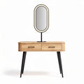 Mesa de maquiagem em madeira natural com espelho oval e pernas pretas 120 x 40 x 75cm