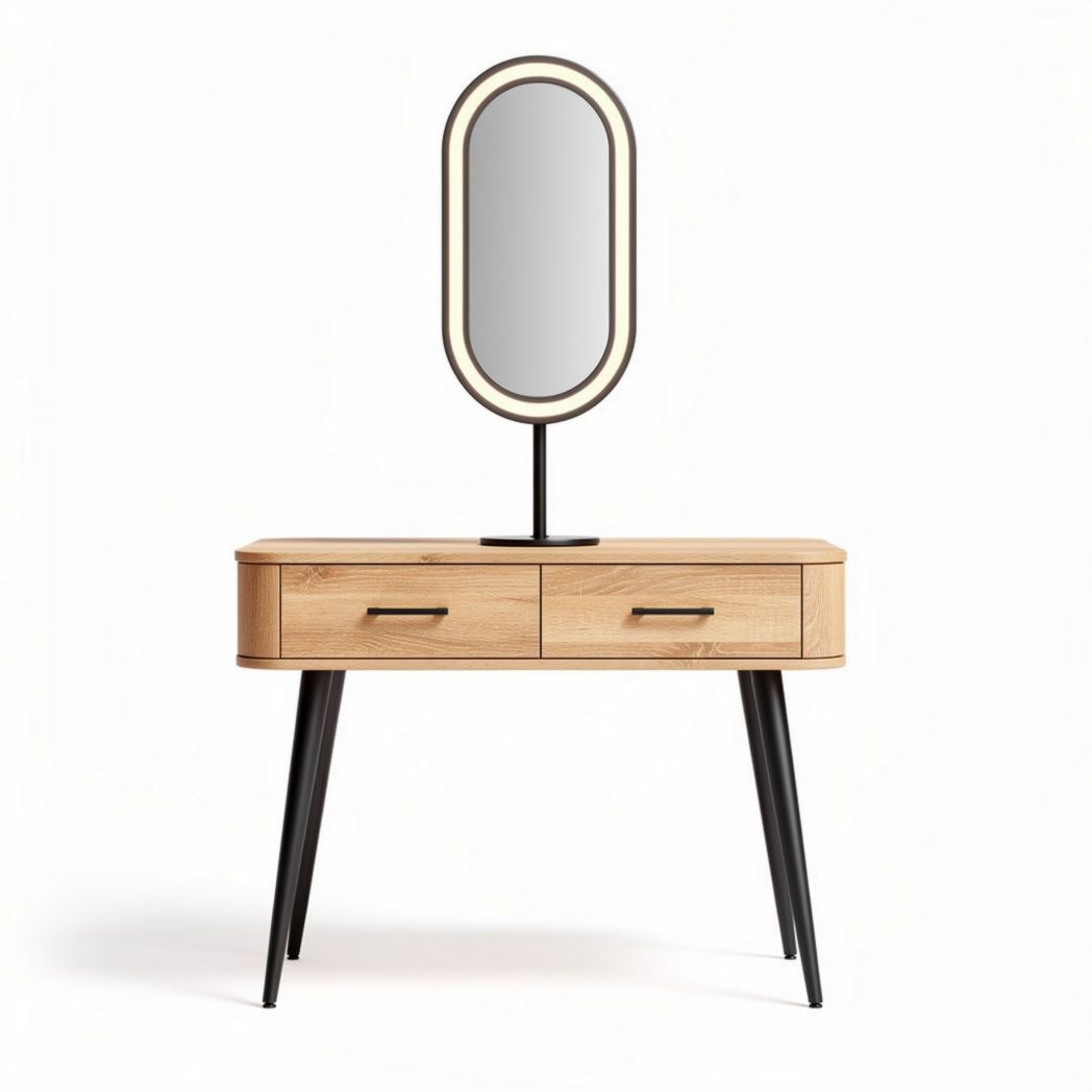 Mesa de maquiagem em madeira natural com espelho oval e pernas pretas 120 x 40 x 75cm