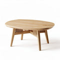 Mesa de café ovalada em madeira natural com medidas de 120 x 80 x 45cm