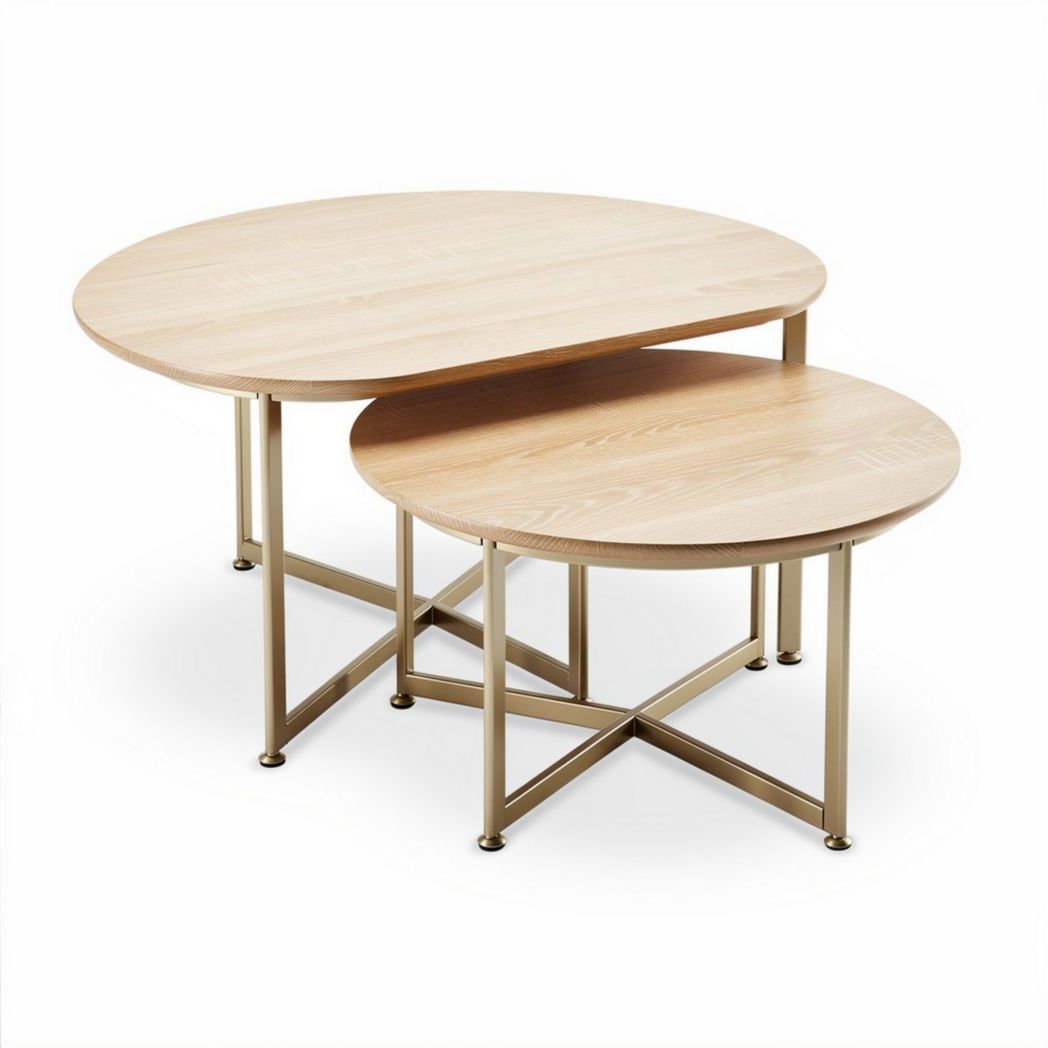 Mesa de centro redonda em madeira de bétula e metal dourado 80 x 50 x 40cm